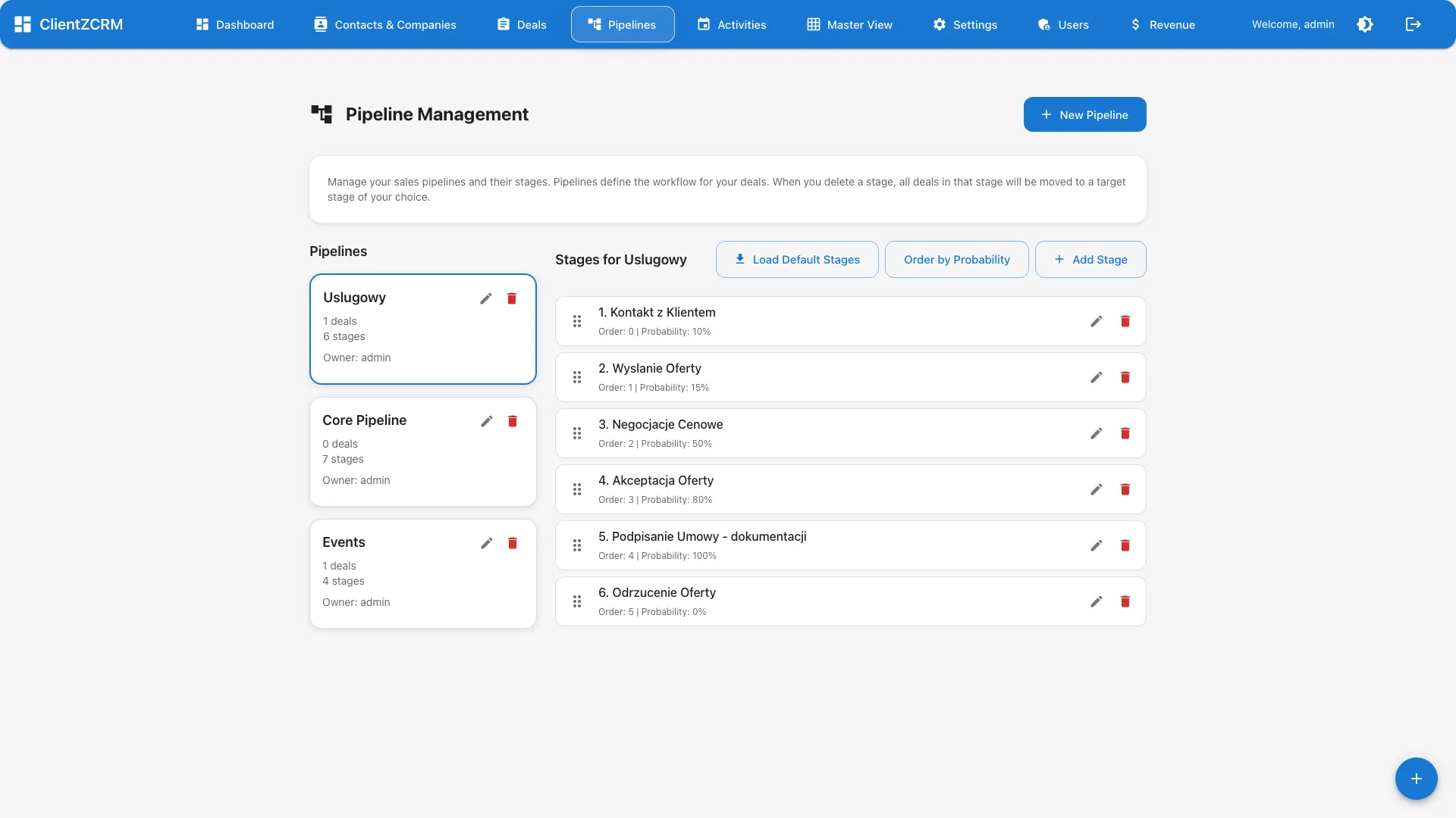 ClientZCRM pipeline configuration showing customizable stages and multi-pipeline templates
